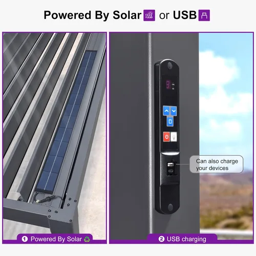Vista 5 de PURPLE LEAF Pérgola con listones 92KS de 8 x 10 pies con tira LED regulable solar integrada, techo ajustable de aluminio a prueba de lluvia