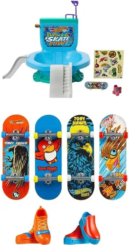 Vista 8 de Hot Wheels Skate Fingerboard Flush & Go Skate Park con tema de inodoro, 1 tabla exclusiva, 1 par de zapatos y hoja de calcomanías
