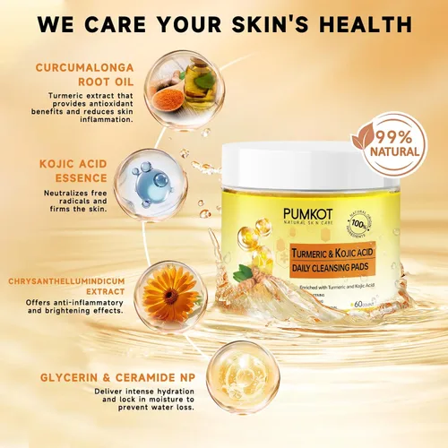 Vista 2 de Pumkot Almohadillas de Limpieza de Cúrcuma y Ácido Kójico, Almohadillas de Exfoliación Facial de Cúrcuma Enriquecidas con Ácido Kójico, 60 Piezas