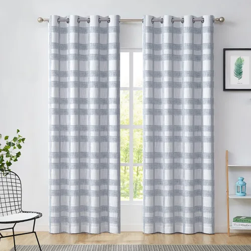 Vista 9 de Central Park Cortina opaca a cuadros blancos y grises para ventana, panel geométrico para dormitorio, sala de estar, con ojales en la parte Gris