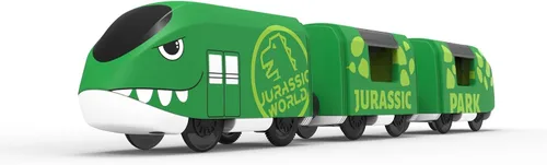 Vista 9 de Juego de tren de juguete para pistas de madera, tren a pilas para niños pequeños, tren motorizado con tren de dinosaurio para niños, juguete de tren