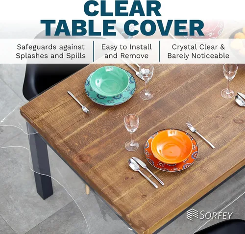 Vista 3 de Mantel de plástico para mesa, protector de mantel de plástico transparente, con borde, 60 x 84 pulgadas, rectangular, impermeable y resistente al