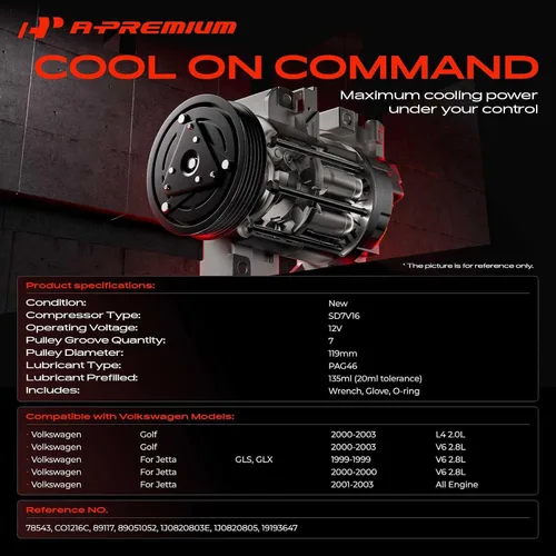 Vista 2 de A-Premium Compresor de aire acondicionado con embrague compatible con Volkswagen Jetta 1999-2003, Golf 2000-2003, con compresor SD7V16