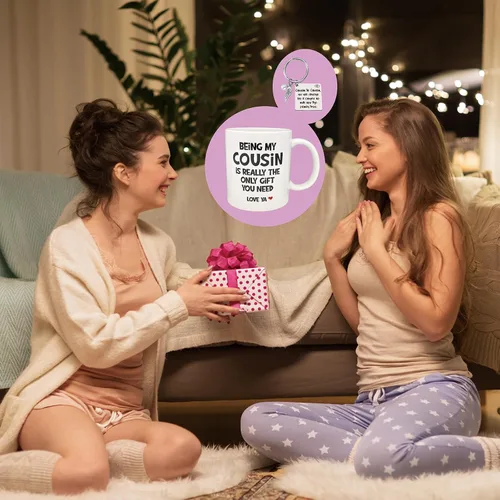 Vista 8 de Divertido regalo para primas para mujer, taza de cerámica de 11 onzas, llavero para prima, regalo de cumpleaños para prima, taza de primo favorito