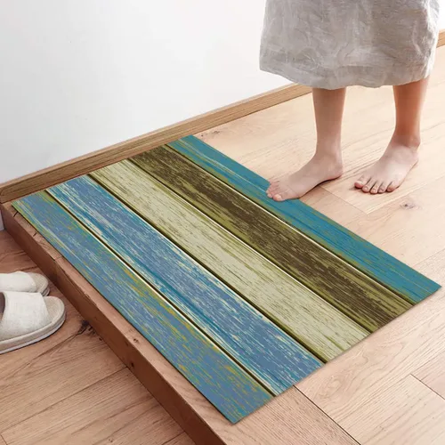 Vista 4 de Tapete de puerta para decoración de dormitorio, rústico, de madera de granero, verde azulado, turquesa, verde, marrón, alfombras de vacaciones