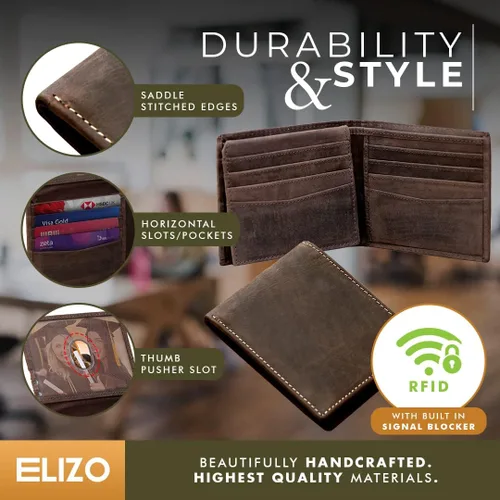 Vista 3 de ELIZO Cartera de cuero para hombre, whisky, Top Flip Bifold