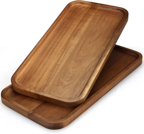 Vista 7 de 2 bandejas rectangulares pequeñas de madera decorativas de madera de acacia, platos de queso, bandejas pequeñas para sándwiches de postre, platos