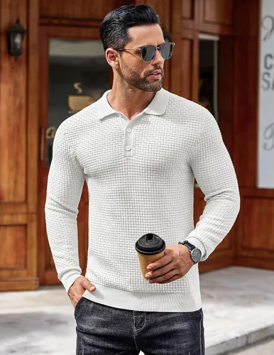 Vista 4 de COOFANDY Polo de punto para hombre, de manga larga, ligero, a la moda, informal, con cuello