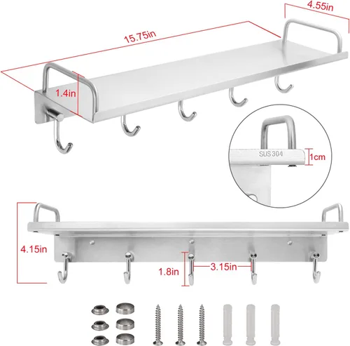 Vista 2 de Audmore Estante para utensilios de cocina, estante de especias con ganchos para montaje en pared, estante sobre la estufa, acero inoxidable, estante