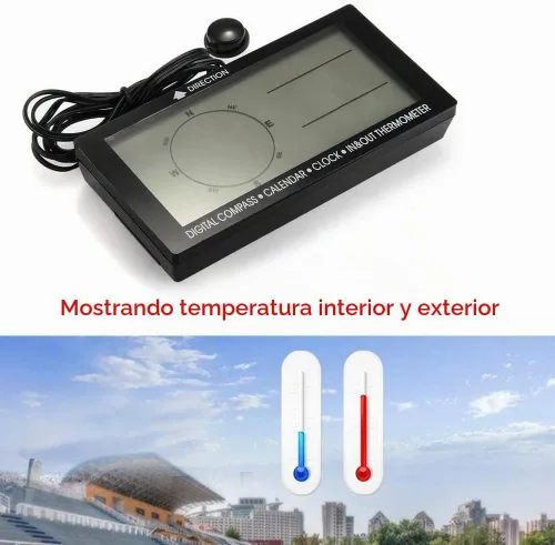 Vista 2 de Termómetro digital para coche negro con retroiluminación azul brújula reloj con LCD grande 3.9 pulgadas