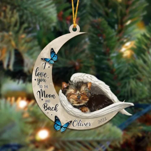 Vista 16 de Adorno colgante personalizado de ángel durmiendo en la luna, perro sabueso afgano, nombre personalizado, acrílico impreso en 2D plano – cumpleaños