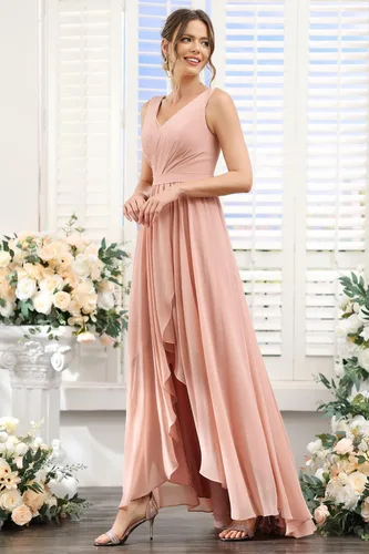 Vista 5 de TIRAS Vestido de dama de honor alto y bajo para mujer, largo fruncido, de gasa, cuello en V, formal, vestido de fiesta de noche con bolsillos CM086