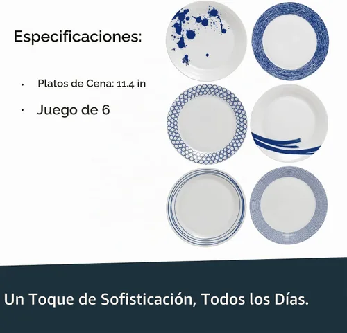 Vista 4 de Royal Doulton Pacific - Platos llanos con patrones mixtos, 11.4 pulgadas, azul/blanco, juego de 6