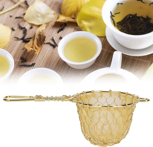 Vista 6 de Infusor de té de cobre colador de malla densa reutilizable filtro de tetera de hojas sueltas con mango largo para tetera