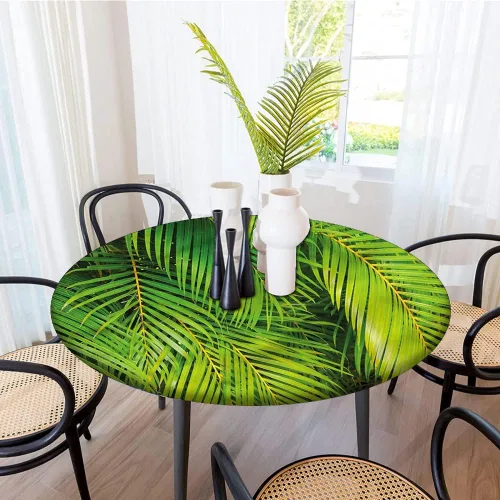 Vista 2 de XISUNYA Nature - Mantel ajustable de poliéster con bordes elásticos, hojas de follaje de palmera, mesa redonda ajustable para mesa redonda de 24