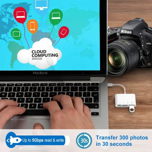 Vista 5 de Lector de tarjetas USB C a SD/MicroSD para iPhone 15/16/17, adaptador de lector de tarjetas de memoria USB C a cámara 4 en 1 con puerto de carga