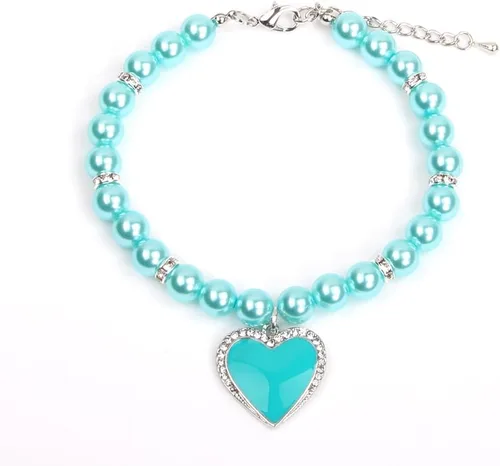 Vista 9 de Collar de perlas de perro y gato con diamantes de imitación, dije de corazón con dije de corazón para mascotas y cachorros (S, rosa)