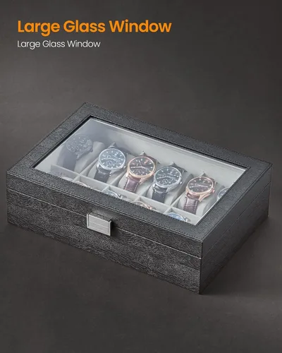 Vista 4 de Hzuaneri Caja de reloj, regalos de Navidad, caja de reloj de 12 ranuras con tapa de vidrio grande, almohadas de reloj extraíbles, organizador