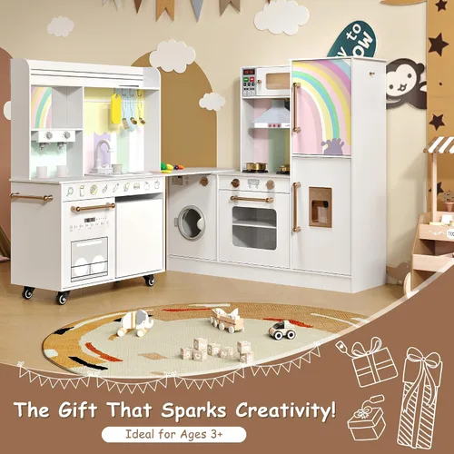 Vista 9 de Juego de cocina de esquina de madera para niños, cocina de juego grande con fregadero con agua corriente, estufa con luz y sonido, máquina de hielo