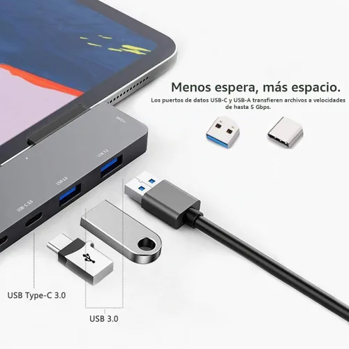 Vista 6 de Adaptador de concentrador USB C para iPad Pro con HDMI 4K, conector de 0.138 in, 2 USB 3.0, PD 60W, datos USB C, ranura para tarjeta SD/TF