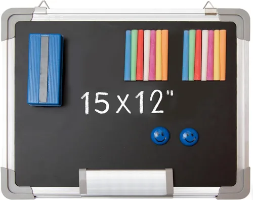Vista 8 de Juego de pizarrón + accesorios Pizarra pequeña para colgar en la pared, pizarra negra con tizas, borrador e imanes para el hogar, cocina y oficina