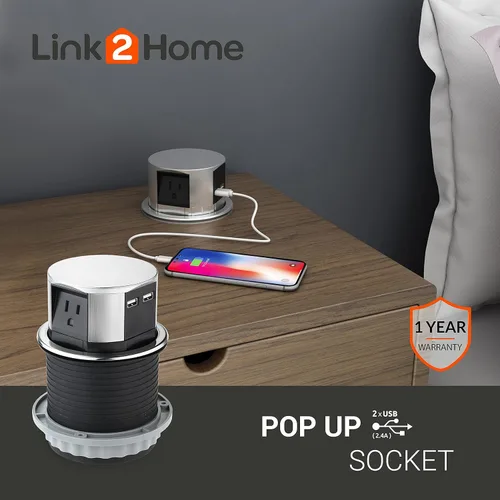 Vista 7 de Link2Home Salida emergente ahorradora de espacio, 3 tomas de corriente de 15 amperios, 2 puertos USB de 2.4 amperios, protección contra sobrecarga