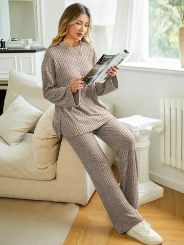 Vista 7 de Conjunto de 2 piezas para mujer, de gran tamaño, holgado, a juego, ropa de descanso de punto, ropa de dormir