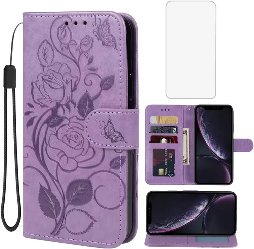 Vista 8 de Funda tipo cartera para iPhone XR con protector de pantalla de vidrio templado, funda de cuero con diseño de flores para tarjeta de crédito