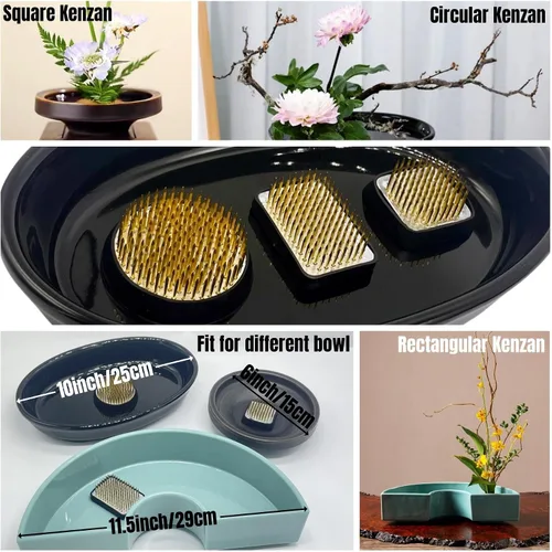 Vista 6 de Juego de 3 ranas de flores japonesas Ikebana Arreglo floral Kenzan, 2.4 pulgadas redonda rana floral moribana + 1.6 pulgadas cuadrado Ikebana