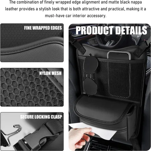 Vista 4 de Organizador de Coche para Almacenamiento Entre Asientos, Bolsa de Almacenamiento para Asiento Delantero de Cuero Nappa con Soporte para Pañuelos