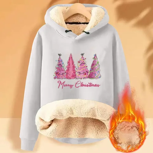 Vista 2 de Sudadera con capucha para mujer con estampado de Navidad y terciopelo grueso, cálido, suelto, sudadera con capucha para mujer con cremallera