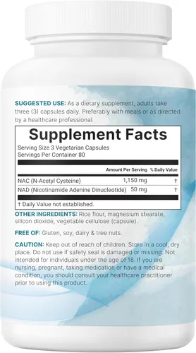Vista 6 de Micro Ingredients NAC con NAD+, 240 cápsulas vegetarianas 1,200 mg por porción N-acetil-L-cisteína 2 en 1 con nicotinamida adenina dinucleótido