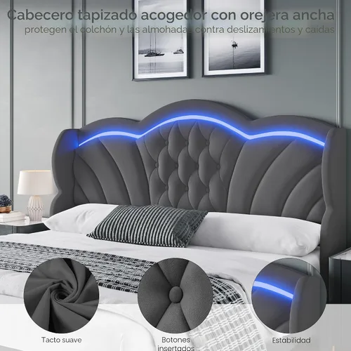 Vista 8 de Keyluv - Base de cama Queen con luces LED y 2 cajones de almacenamiento, plataforma tapizada en terciopelo con cabecera de 47" de altura