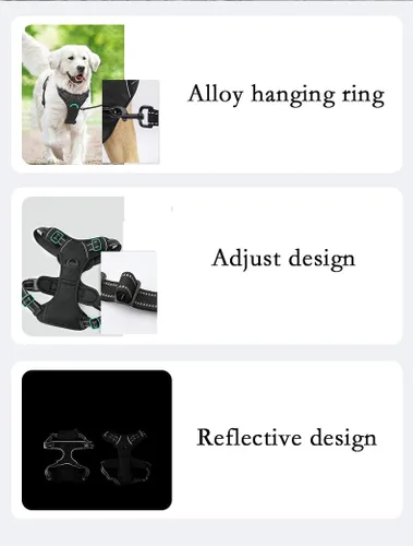 Vista 3 de Arnés grande para perro con 2 hebillas de hojas ajustables y acolchado, diseño reflectante para mango de fácil control, adecuado para perros