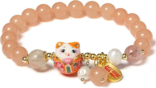 Vista 3 de Pulsera de gato de la suerte con cristal azul, colgante de gato de cerámica, joyería de buena suerte Feng Shui para mujer, pulsera de riqueza