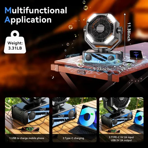 Vista 7 de Ventilador portátil recargable con altavoz Bluetooth 5.3, ventilador de campamento de 25000 mAh con control táctil de 5 velocidades y luz LED de 3