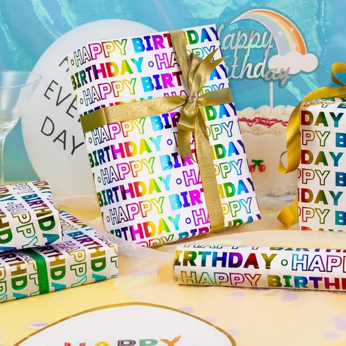 Vista 3 de LeZakaa Rollo de papel de regalo de cumpleaños, letras de feliz cumpleaños, diseño holográfico colorido para baby shower, envoltura de regalo