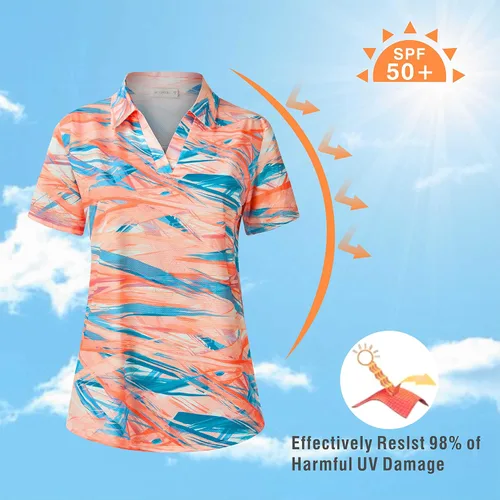 Vista 4 de Camiseta polo de golf con cuello en V UPF 50+ con estampado de protección solar de manga corta y ajuste seco para mujer