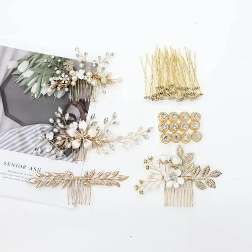 Vista 5 de inSowni 36 Pack Horquillas para el pelo de novia con flores doradas y hojas, peines laterales para el pelo de novia+pinzas para el pelo