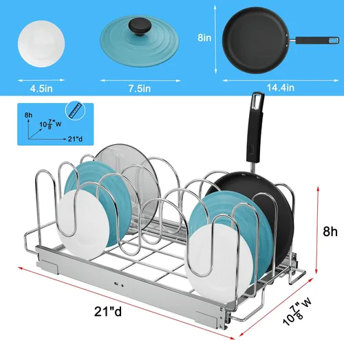 Vista 5 de RITSU Organizador de tapa de sartén y olla deslizante para gabinete, estante extraíble para tapa de olla, tabla de cortar, soporte para utensilios
