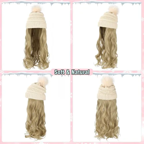 Vista 3 de Gorro Peluca Gorro de Lana con Cabello Extensiones Largas Onduladas Gorro de Punto con Pompón Adjunto de 20" Pieza de Cabello Sintética Removible