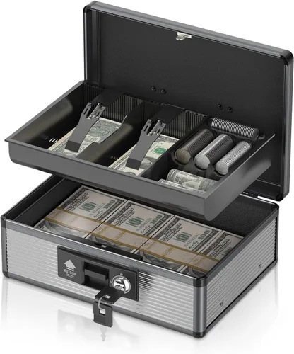 Vista 10 de Caja de Efectivo con Cerradura con Bandeja para Dinero y Llave, Caja Fuerte Segura para Efectivo, Caja de Dinero Portátil con Espacios