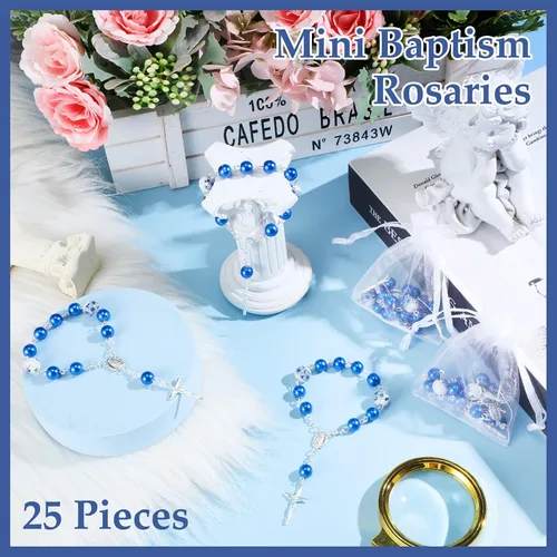 Vista 2 de Yinkin 50 mini rosarios azules de bautismo incluyen 25 rosarios azules de bautismo para bebé y 25 bolsas de organza, regalos de bautizo para bebé