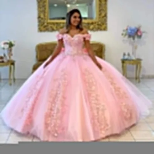 Vista 2 de Loyeloy Vestidos de quinceañera con hombros descubiertos para niñas, vestidos de baile hinchados con flores 3D para adolescentes, vestidos de fiesta