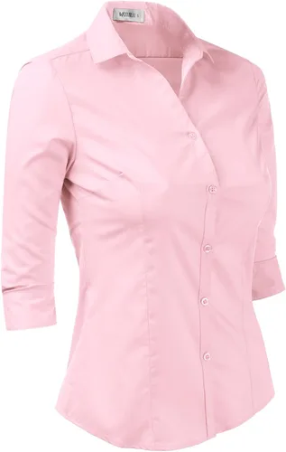 Vista 2 de Doublju - Camiseta básica de manga 34 con cuello de botón para mujer
