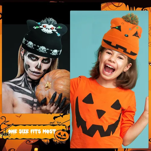Vista 6 de 6 gorros de Halloween iluminados, sombreros LED de Halloween para hombres y mujeres, lindos gorros de calavera, sombreros de punto de calabaza