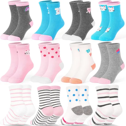 Vista 8 de ELUTONG - Calcetines de agarre para niños, paquete de 12 unidades, antideslizantes, calcetines de tripa para bebés y niños de 1 a 7 años, niños