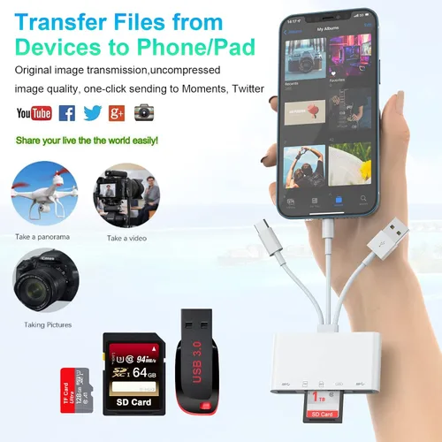 Vista 4 de Multi 5 en 1 Lightning+Tipo C+USB A lector de tarjetas para iPhone/iPad/Android/Mac Book/Computadora/Tablet/Cámara/Disco duro/Unidad Flash
