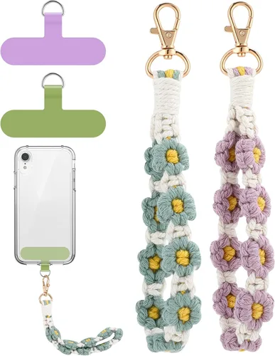 Vista 9 de Jspupifip 2 piezas de correa de muñeca para teléfono estilo macramé boho, linda cuerda para teléfono celular con pestaña de anclaje, pulsera
