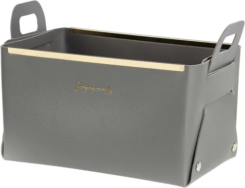 Vista 10 de Cesta decorativa de piel sintética, cesta pequeña para entrada, mesita de noche, cómoda, caja organizadora rectangular plegable (marrón)
